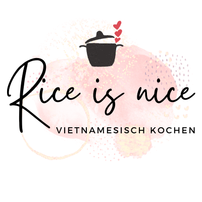 Auf dem Logo ist ein schwarzer Kochtopf mit geöffnetem Deckel zu sehen, aus dem Topf fliegen drei rote Herzen heraus. Die Beschriftung lautet Rice is nice, mit dem Untertitel: vietnamesisch kochen. Der Hintergrund ist mit Farbflecken in Apricot und Rosa Farben.
